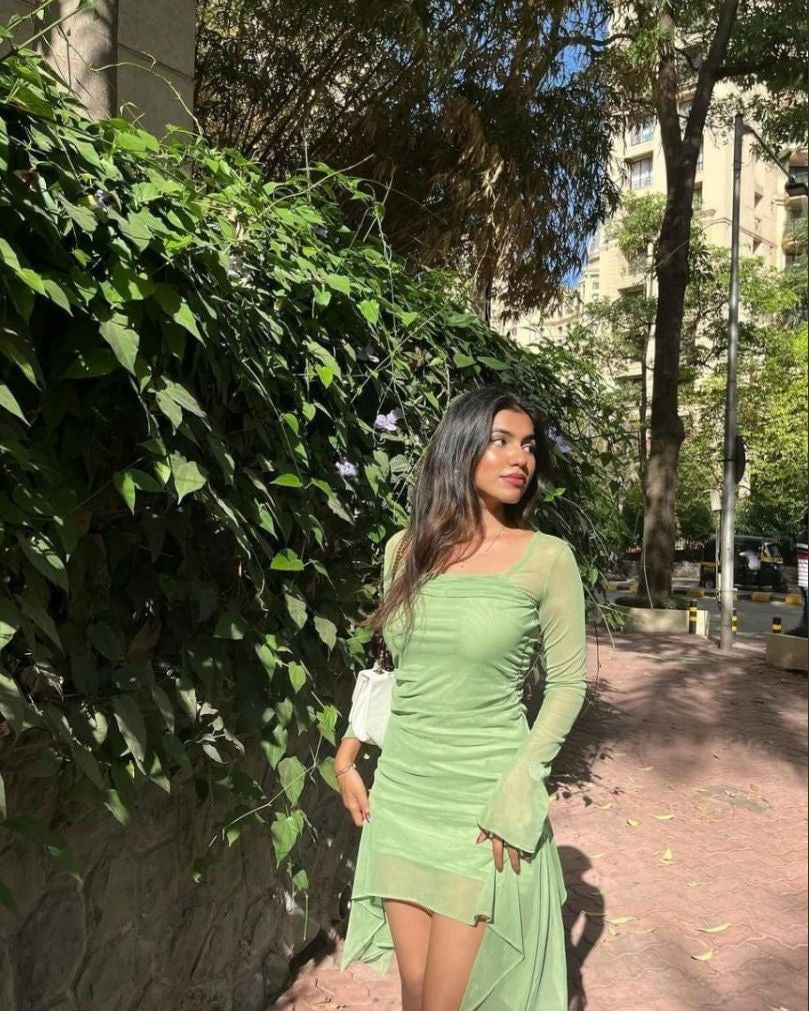 Green Square Neck Mesh Dress