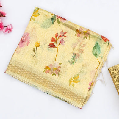 Sandal Handloom Linen Saree With Printed Floral Motifs