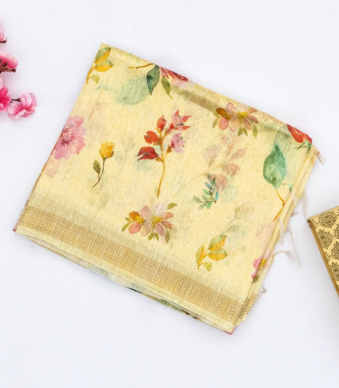 Sandal Handloom Linen Saree With Printed Floral Motifs