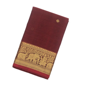 Crimson Handloom Kanchi Cotton Saree With Elephants, House and Lady Motifs in Border