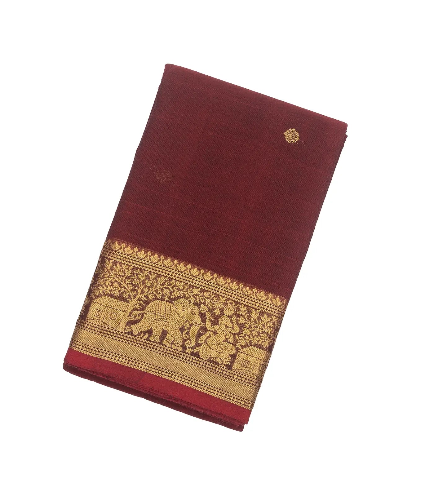 Crimson Handloom Kanchi Cotton Saree With Elephants, House and Lady Motifs in Border