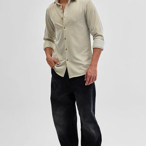 Beige Stripes Slim Fit Stretch Shirt