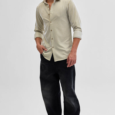 Beige Stripes Slim Fit Stretch Shirt