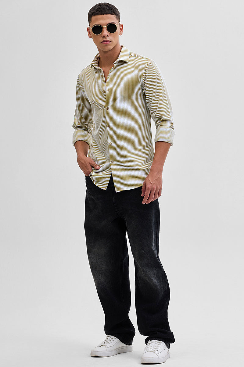 Beige Stripes Slim Fit Stretch Shirt