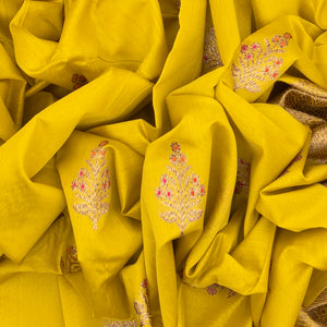 Yellow Handloom Banarasi Silk Cotton Saree With Floral Buttas