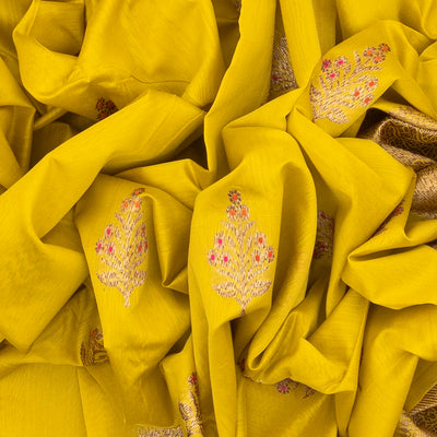Yellow Handloom Banarasi Silk Cotton Saree With Floral Buttas