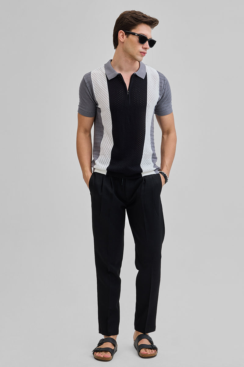 Black Colourblocked Zipper Polo T-Shirt