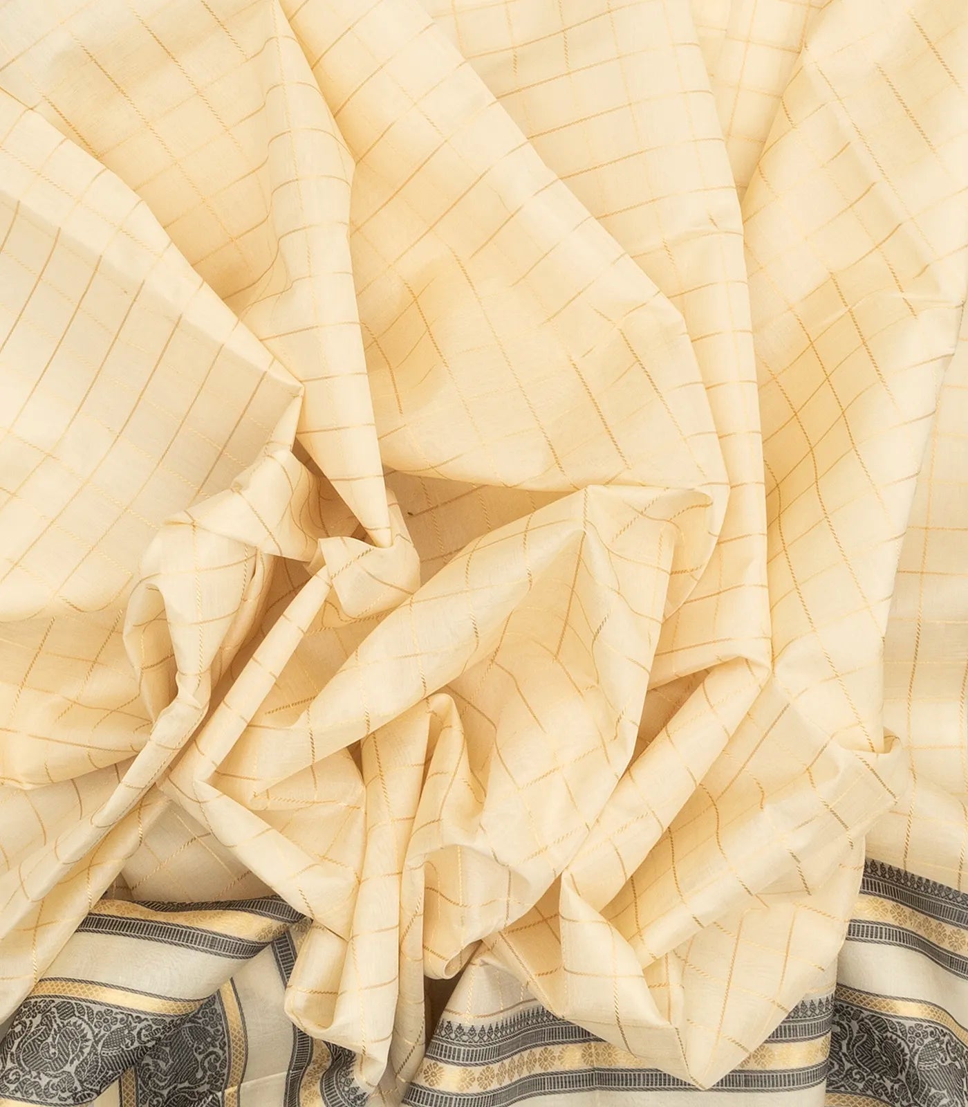 Cream Handloom Silk Cotton Saree With Checks & Contrast Border