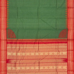 Leafy Green Handloom Korvai Kanchi Cotton Saree With Contrast Border