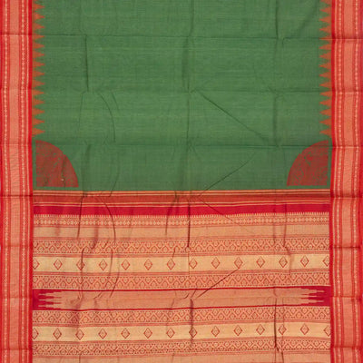 Leafy Green Handloom Korvai Kanchi Cotton Saree With Contrast Border