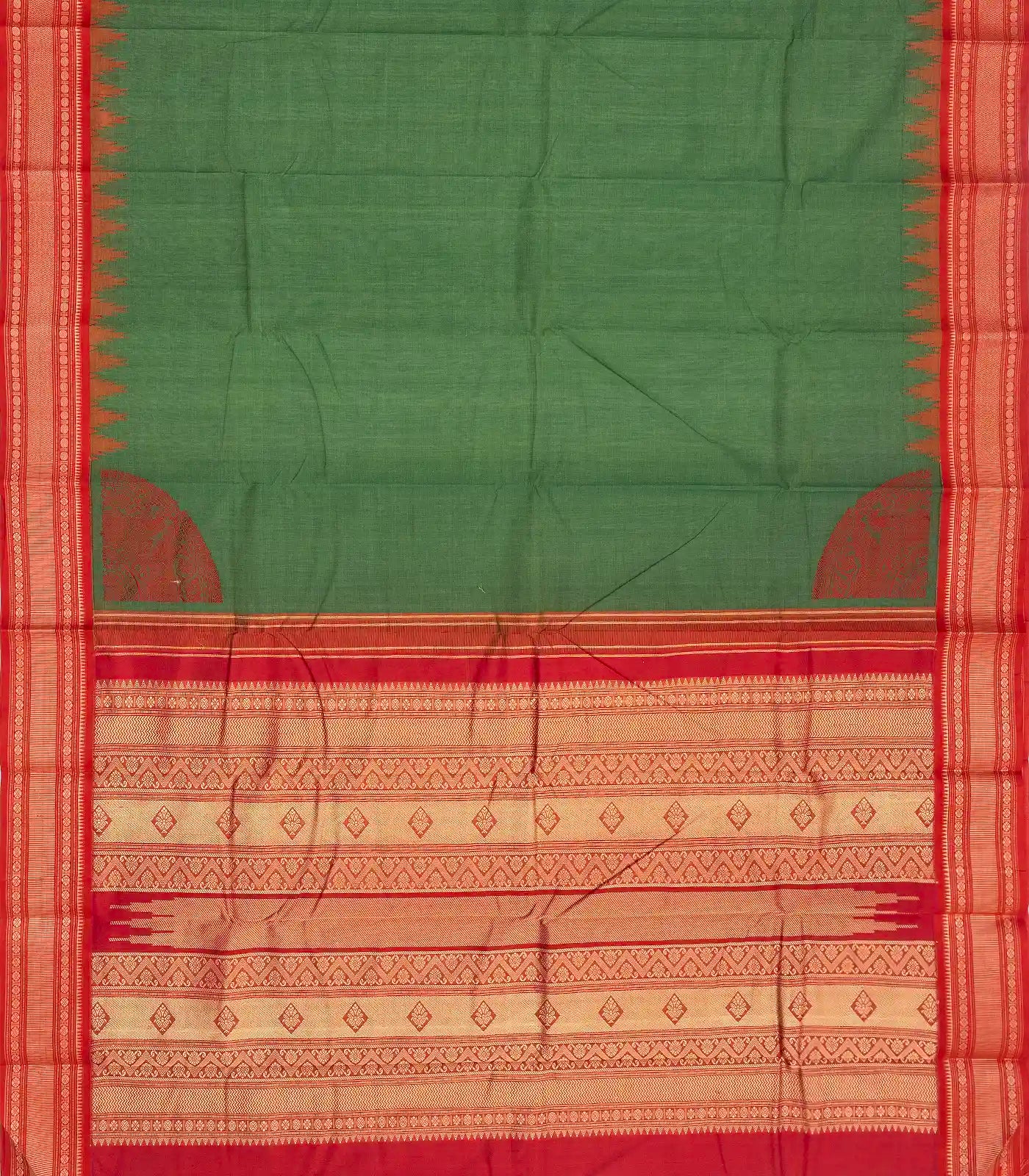 Leafy Green Handloom Korvai Kanchi Cotton Saree With Contrast Border