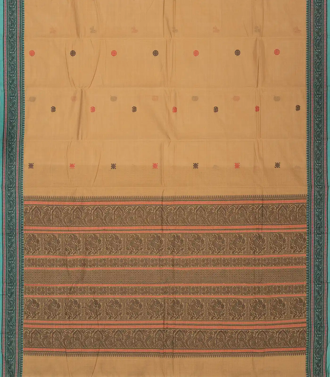 Beige Handloom Kanchi Cotton Saree With Annam & Deer Buttas