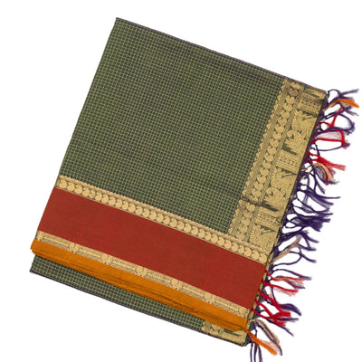 Bottle Green Handloom Silk Cotton Saree With Checks