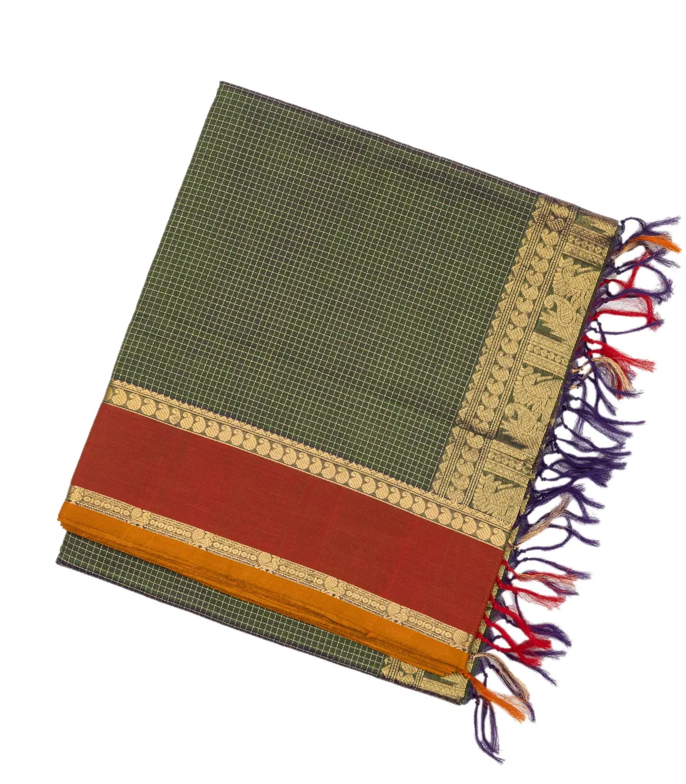 Bottle Green Handloom Silk Cotton Saree With Checks