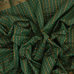 Dark Green Handloom Kanchi Cotton Saree With Checks & Chakaram Motifs.