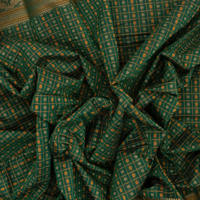 Dark Green Handloom Kanchi Cotton Saree With Checks & Chakaram Motifs.