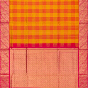 Orange & Mustard Handloom Kora Silk Saree With Checks & Pink Border
