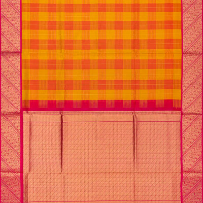 Orange & Mustard Handloom Kora Silk Saree With Checks & Pink Border