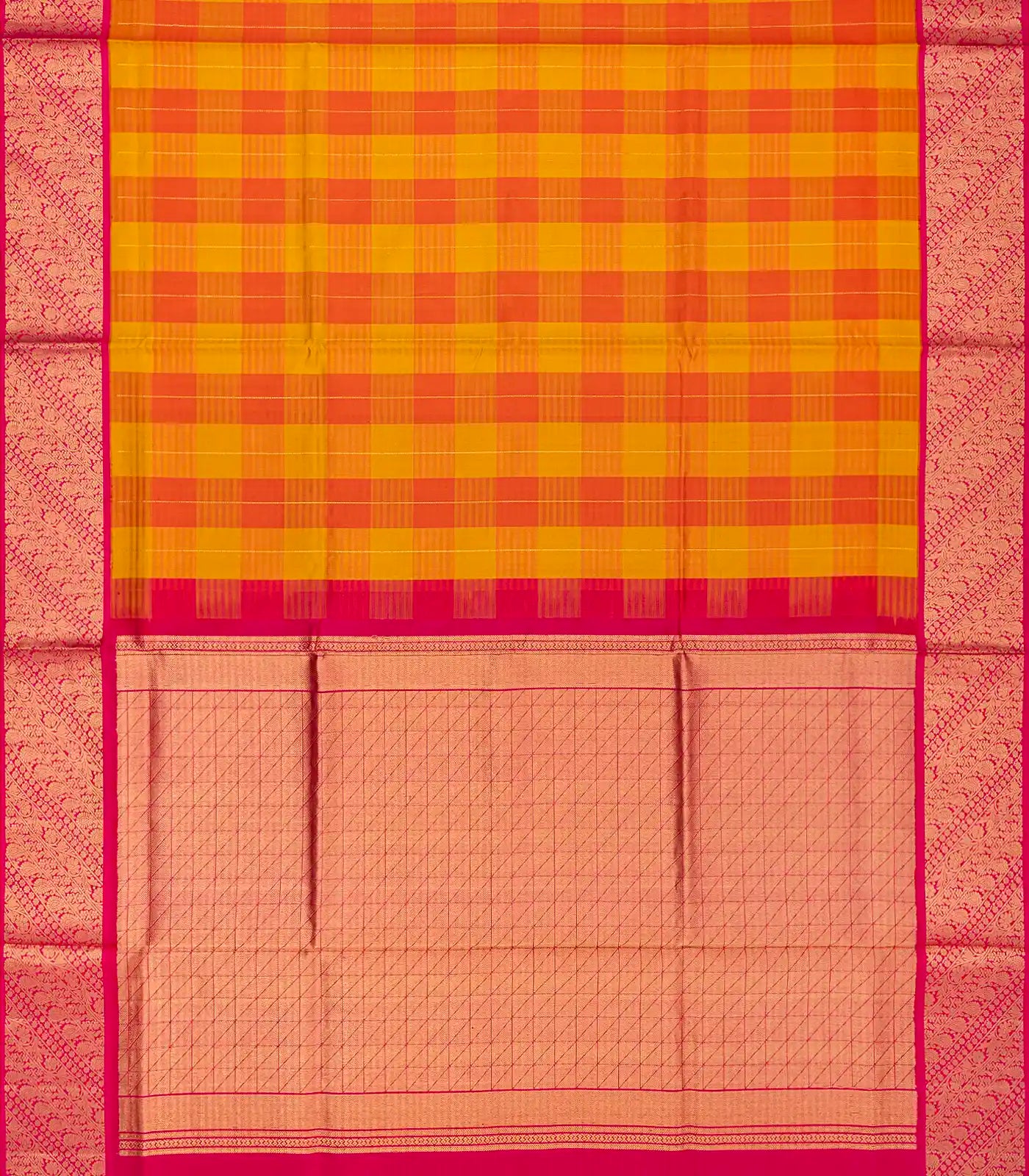 Orange & Mustard Handloom Kora Silk Saree With Checks & Pink Border