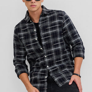 Black Slub Textured Checks Shirt