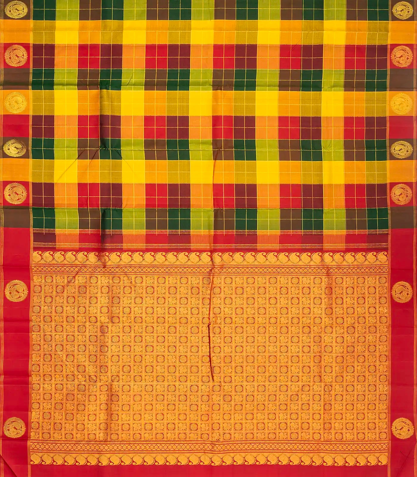 Multi Color Handloom Kanchipuram Silk Saree With Checks