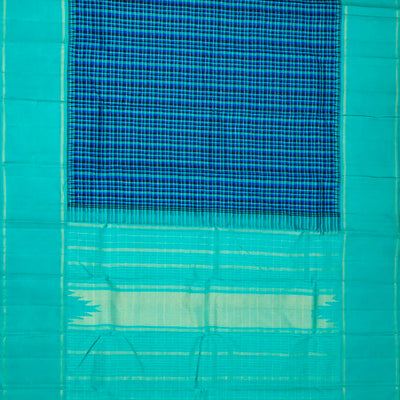 Blue Handloom Korvai Kanchipuram Silk Saree With Checks