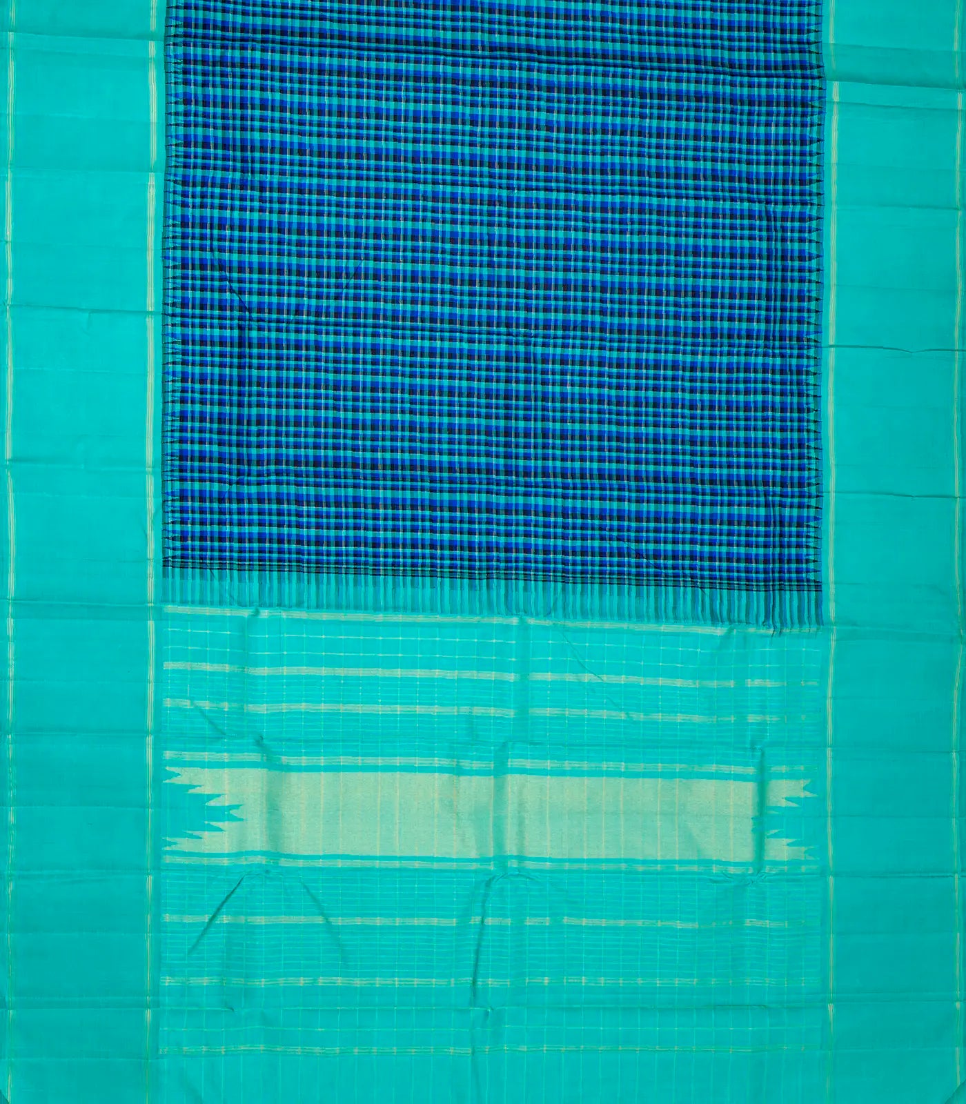 Blue Handloom Korvai Kanchipuram Silk Saree With Checks