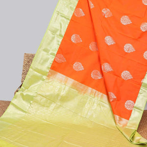 Orange floral motifs gift saree with contrast paisley border & intricate zari design pallu