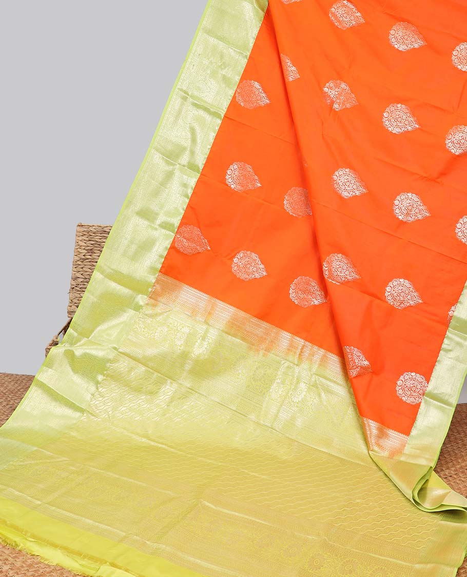 Orange floral motifs gift saree with contrast paisley border & intricate zari design pallu