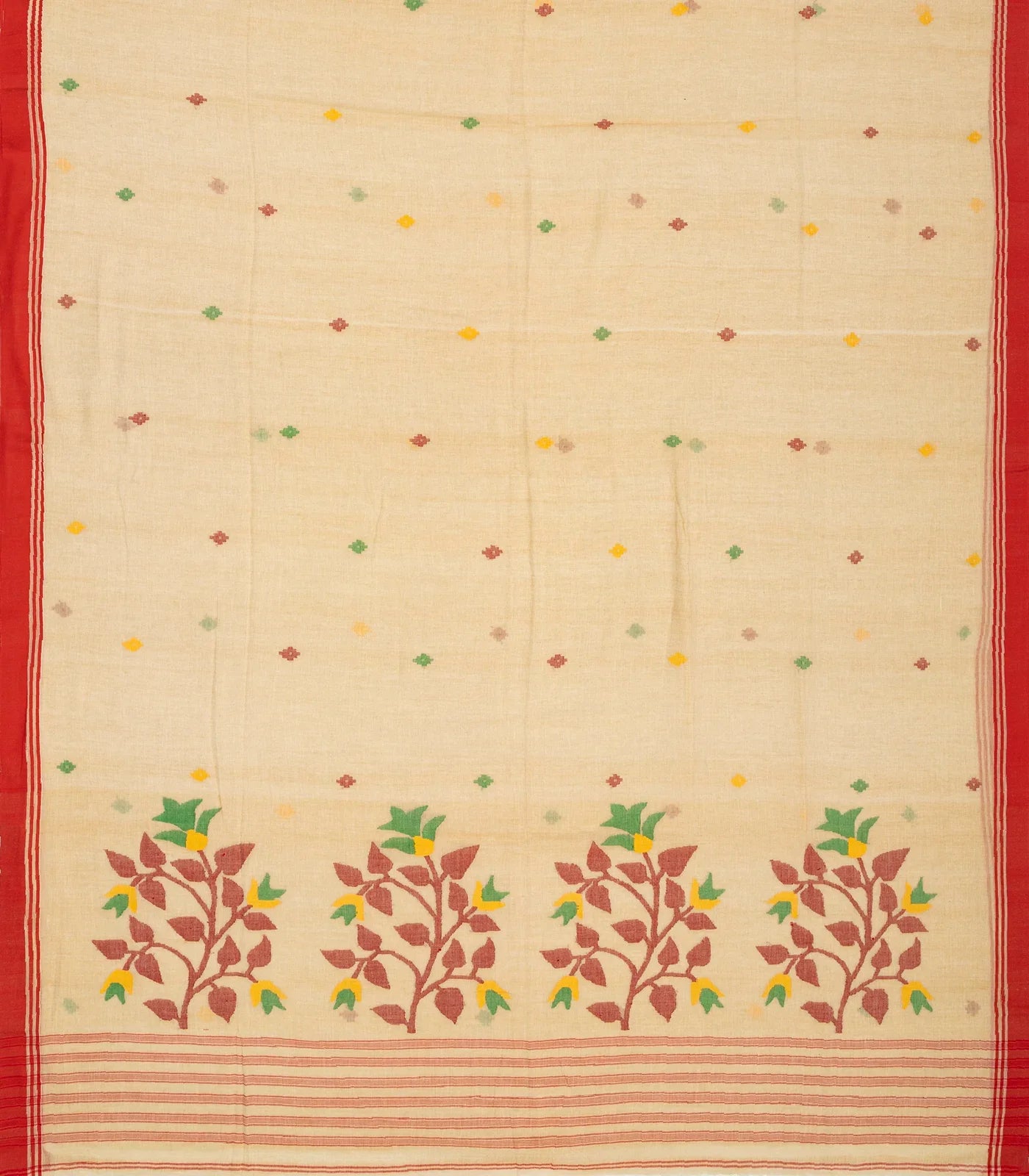 Beige Handloom Bengal Cotton Saree With Plus Buttas