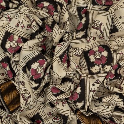 Taupe Handloom Kalamkari Cotton Saree With Printed Elephant Motifs