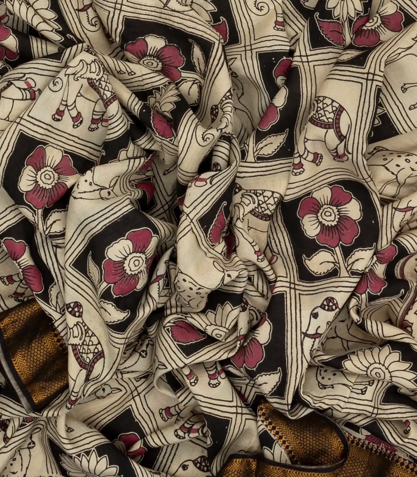 Taupe Handloom Kalamkari Cotton Saree With Printed Elephant Motifs