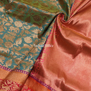 Green Goldfish Dual Tone Animal Motif Katan Banarasi Shikargah Saree