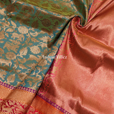 Green Goldfish Dual Tone Animal Motif Katan Banarasi Shikargah Saree