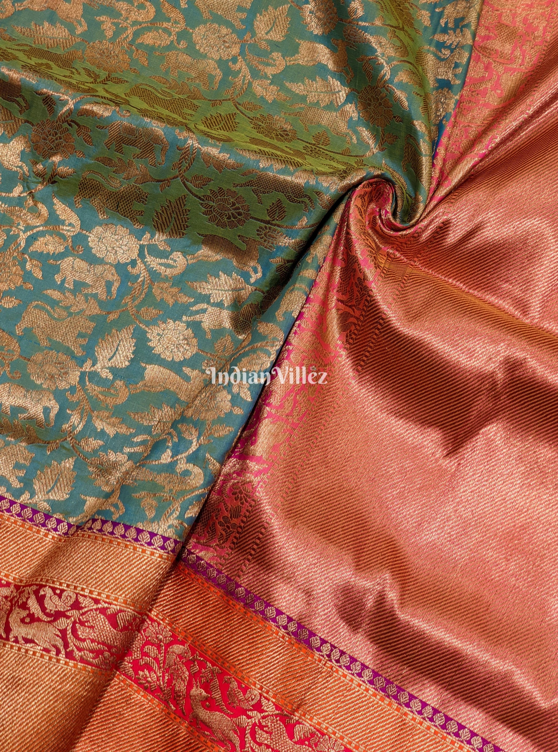 Green Goldfish Dual Tone Animal Motif Katan Banarasi Shikargah Saree