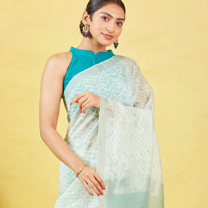 White Handloom Tussar Silk Saree With Chevron Motifs