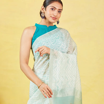 White Handloom Tussar Silk Saree With Chevron Motifs