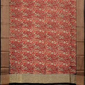 Red Woven Chanderi Printed Cotton Saree With Contrast Border