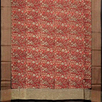 Red Woven Chanderi Printed Cotton Saree With Contrast Border