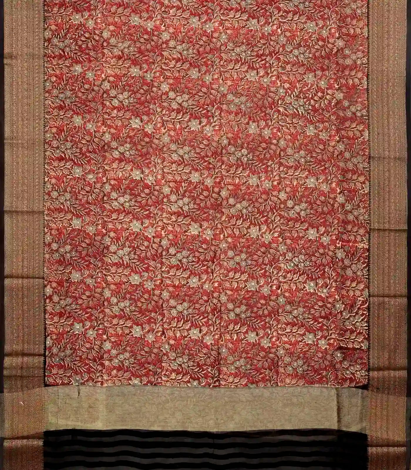 Red Woven Chanderi Printed Cotton Saree With Contrast Border