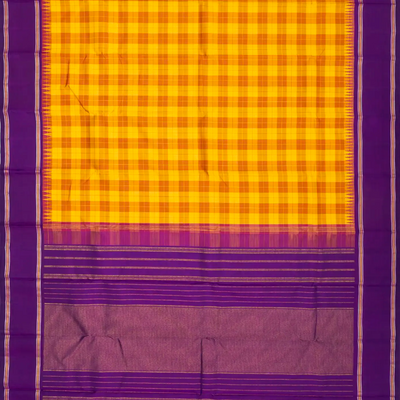 Mustard Handloom Kanchipuram Korvai Silk Saree With Silk Checks