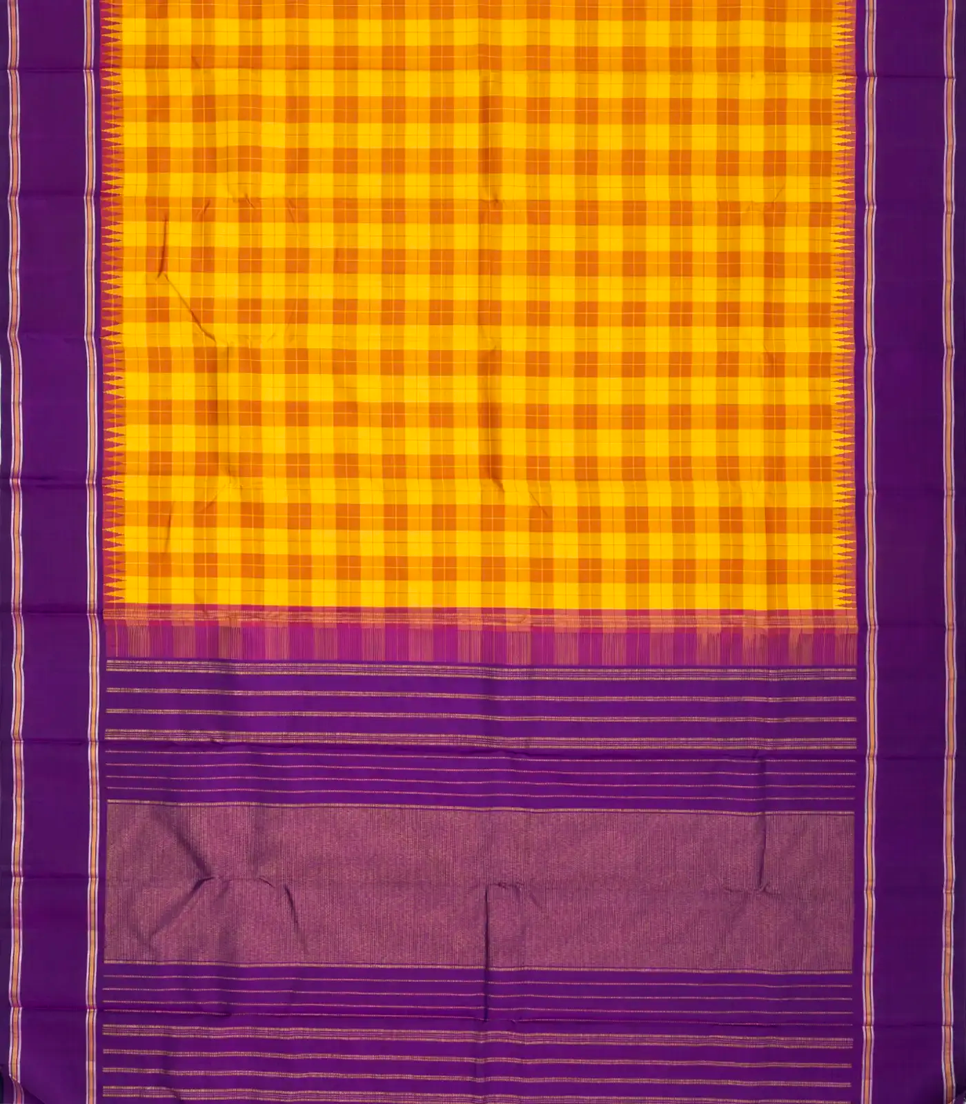 Mustard Handloom Kanchipuram Korvai Silk Saree With Silk Checks
