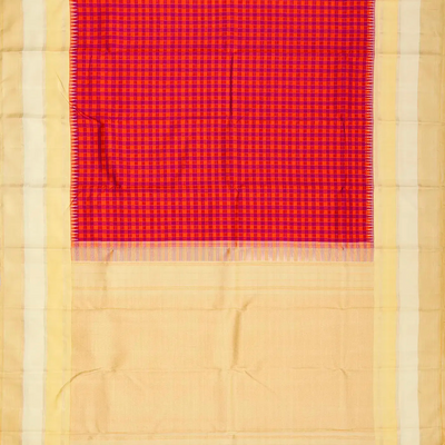 Pink & Orange Handloom Kanchipuram Korvai Silk Saree With Checks