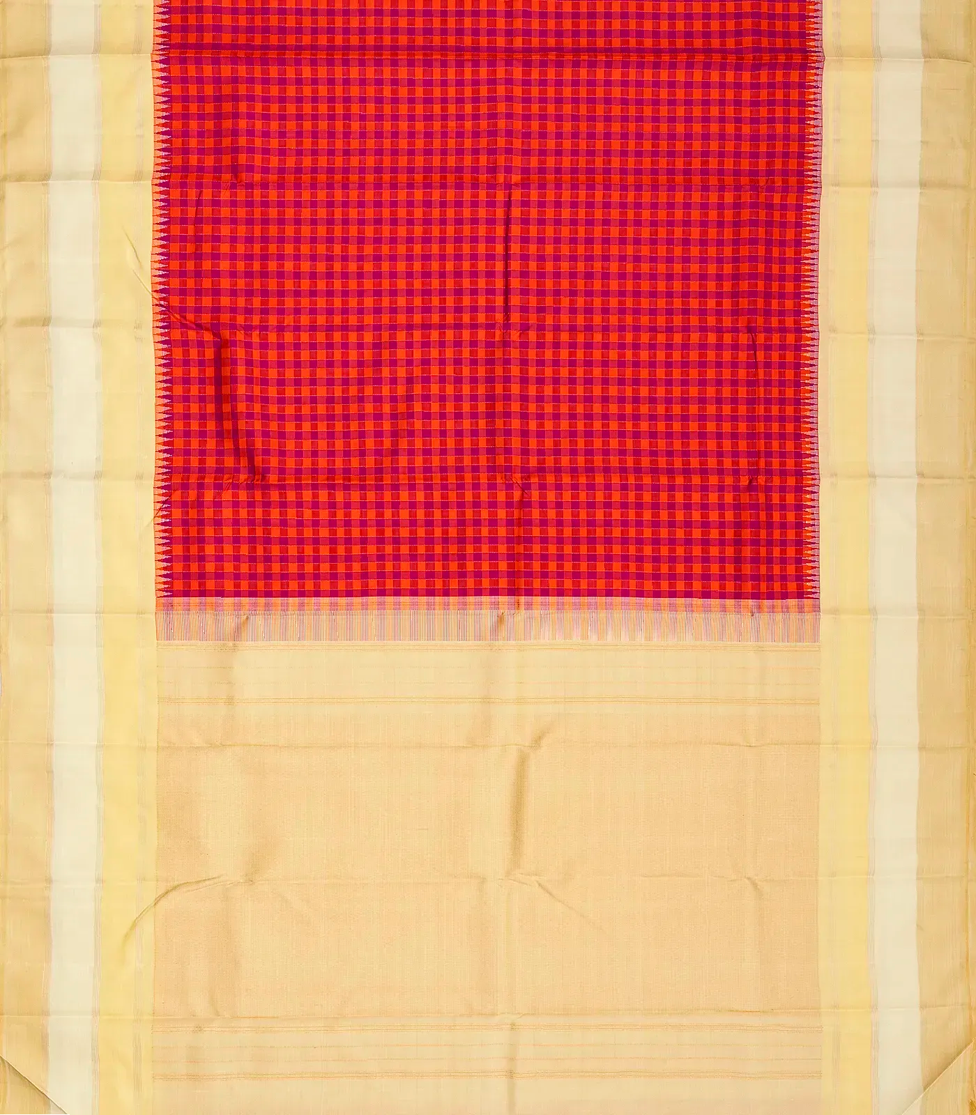 Pink & Orange Handloom Kanchipuram Korvai Silk Saree With Checks