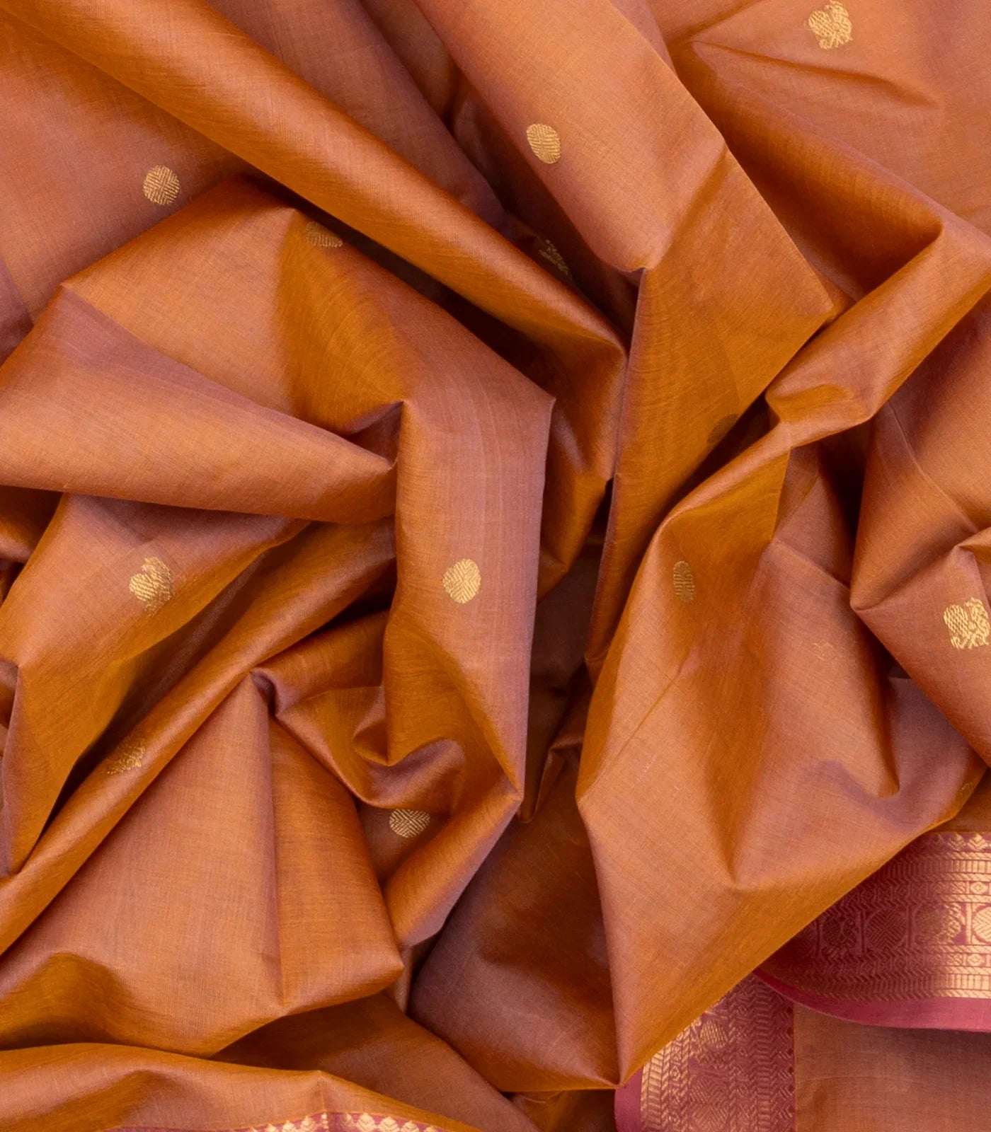 Peach Handloom Silk Cotton Saree With Peacock Corner Buttas