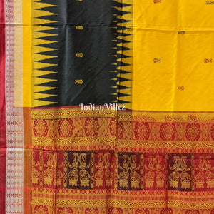 Yellow Black Fish Motif Sambalpuri Bomkai Silk Saree with Nartaki Anchal
