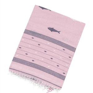 Baby Pink Handloom Bengal Cotton Saree With Fish Motifs