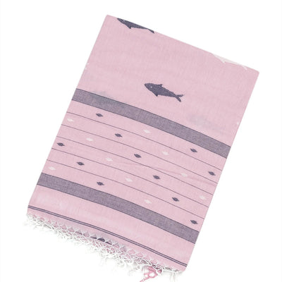 Baby Pink Handloom Bengal Cotton Saree With Fish Motifs
