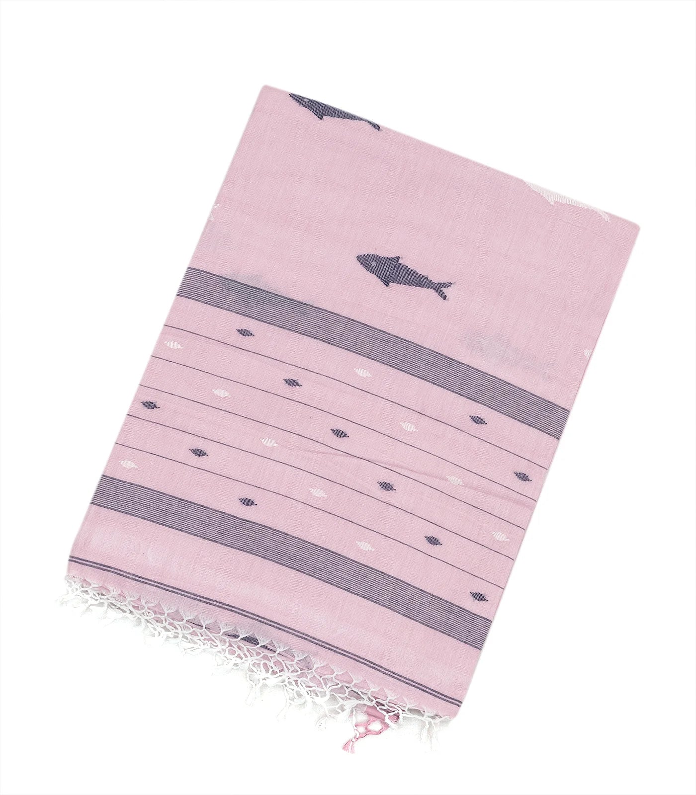 Baby Pink Handloom Bengal Cotton Saree With Fish Motifs