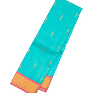 Turquoise Handloom Kanchipuram Korvai Silk Saree With Pink Border
